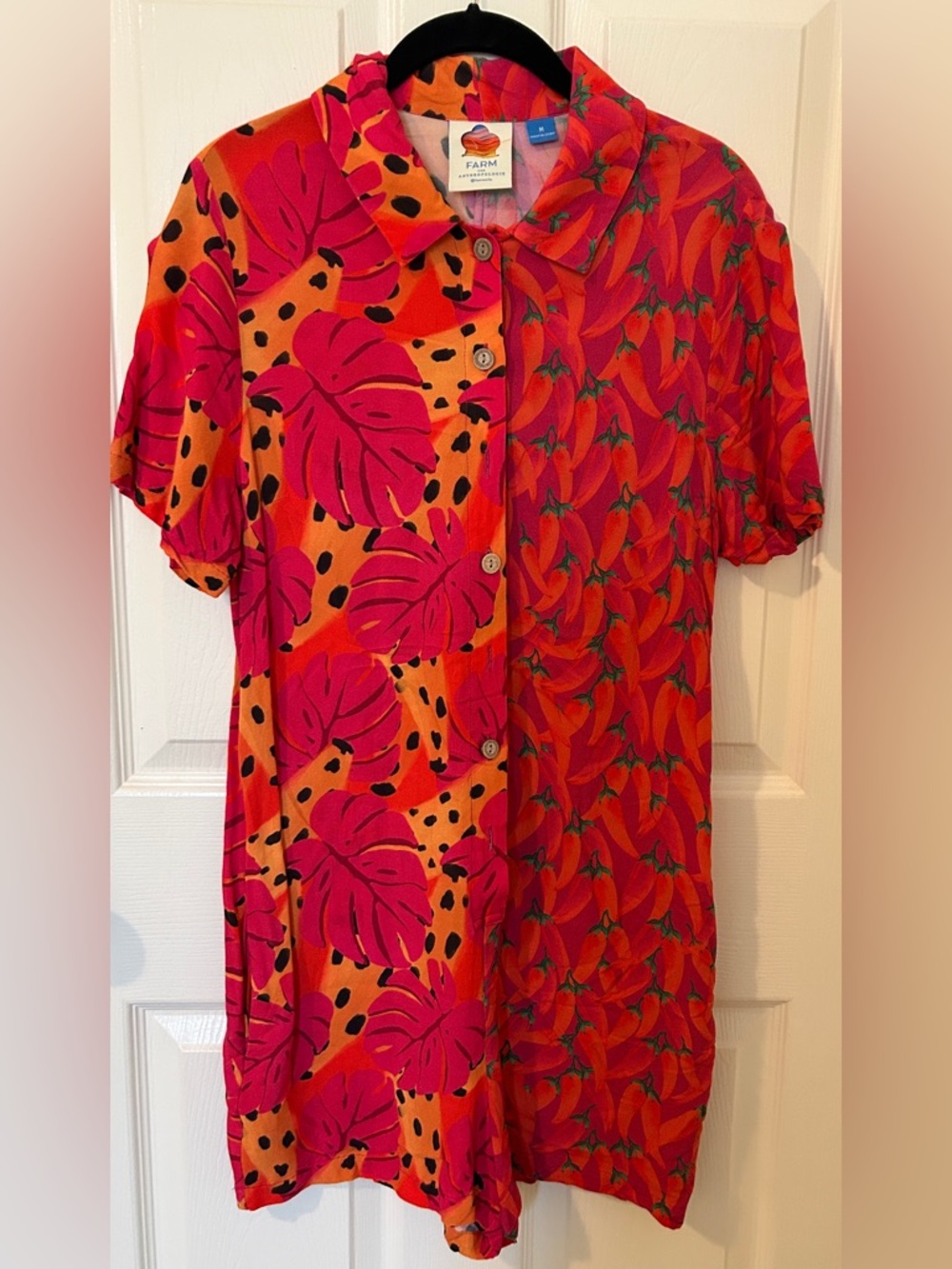 FARM Rio Split-Print Button Romper in Hot Pink & Orange
